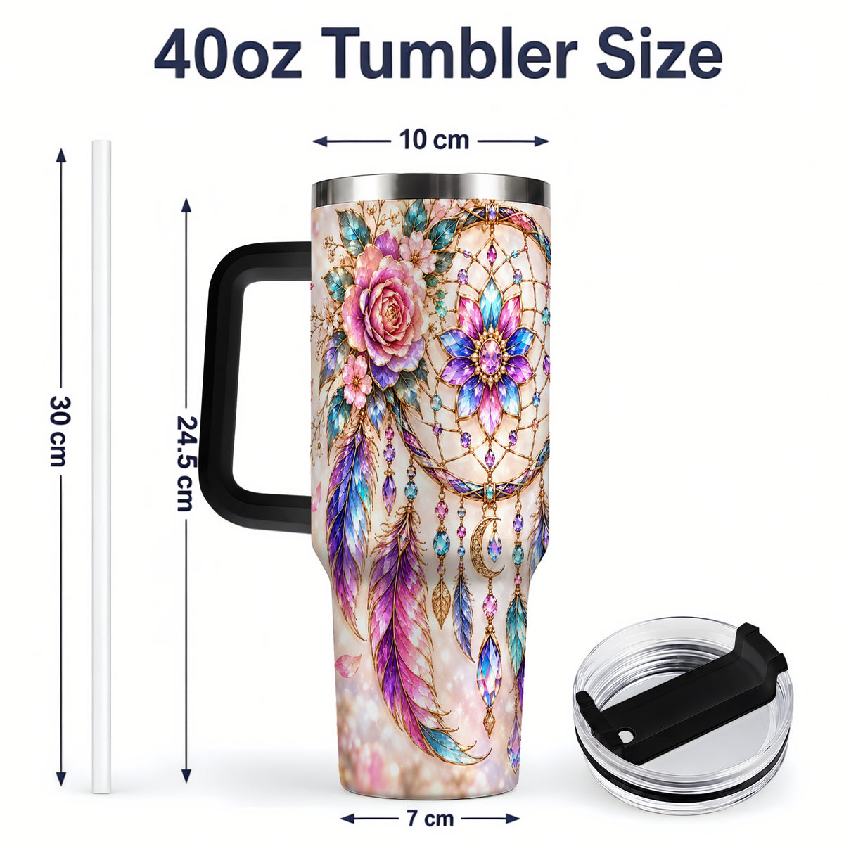 #pl[40oz|Black] Boho Dreamcatcher Tumbler, 40oz Tumbler with Floral Feather Artwork
