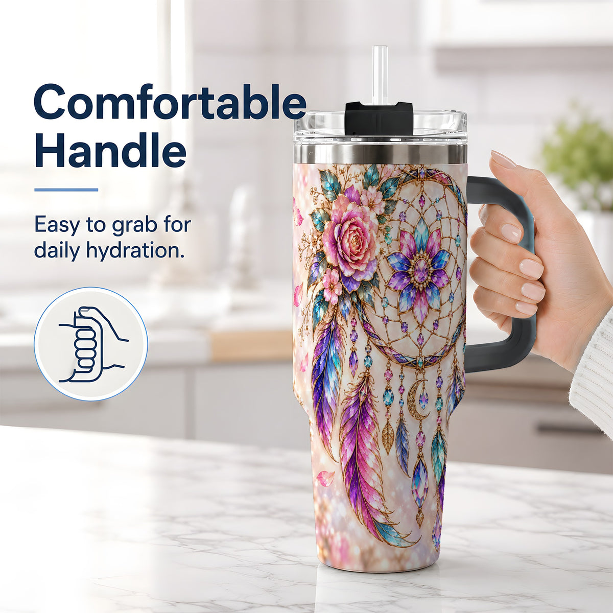 #pl[40oz|Black] Boho Dreamcatcher Tumbler, 40oz Tumbler with Floral Feather Artwork