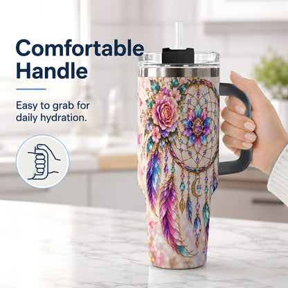 #pl[40oz|Black] Boho Dreamcatcher Tumbler, 40oz Tumbler with Floral Feather Artwork