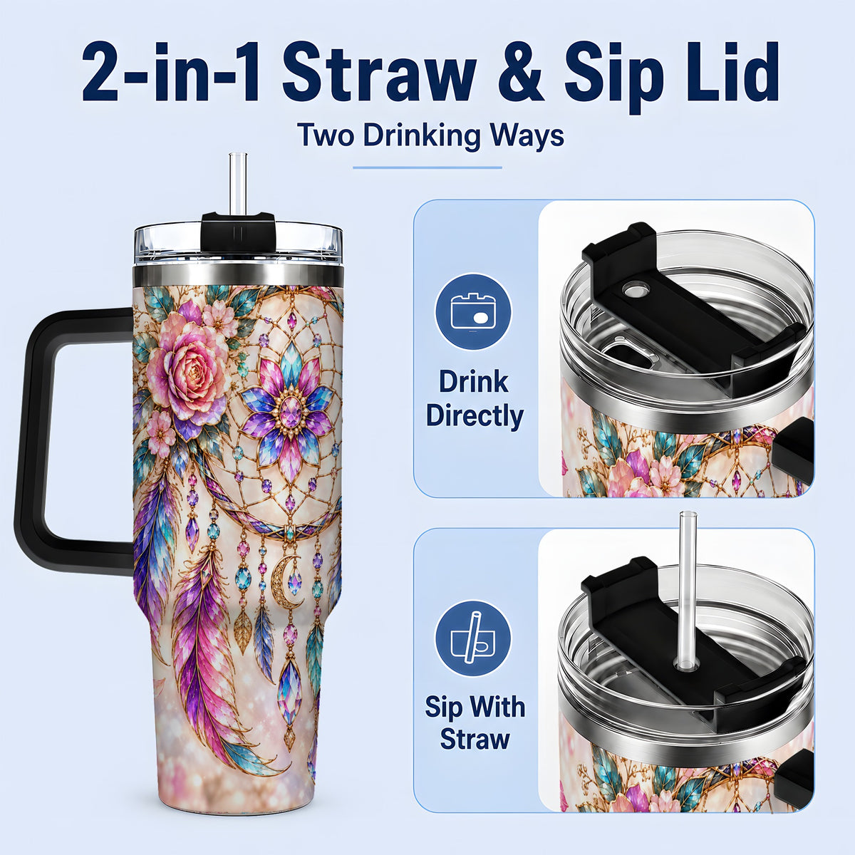 #pl[40oz|Black] Boho Dreamcatcher Tumbler, 40oz Tumbler with Floral Feather Artwork