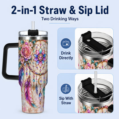 #pl[40oz|Black] Boho Dreamcatcher Tumbler, 40oz Tumbler with Floral Feather Artwork