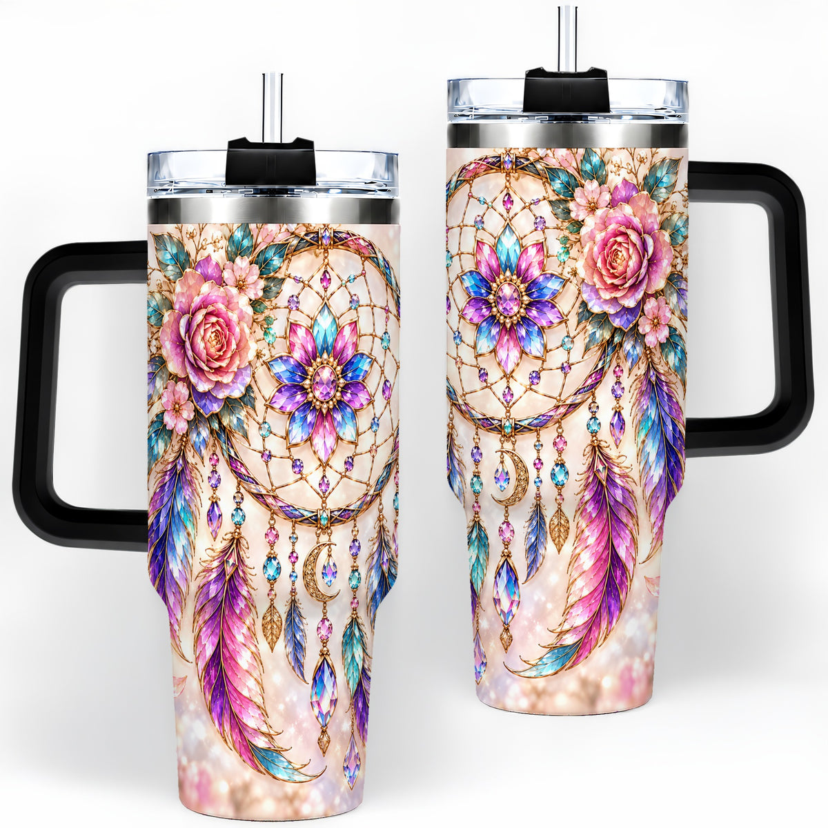 #pl[40oz|Black] Boho Dreamcatcher Tumbler, 40oz Tumbler with Floral Feather Artwork