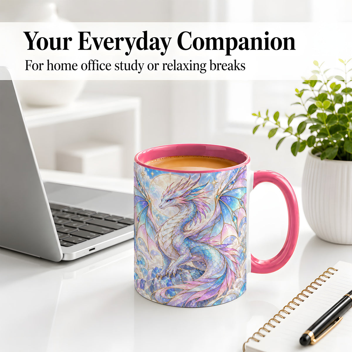 #pl[11oz|Pink] Pastel Crystal Dragon Accent Mug, Mug with Celestial Artwork