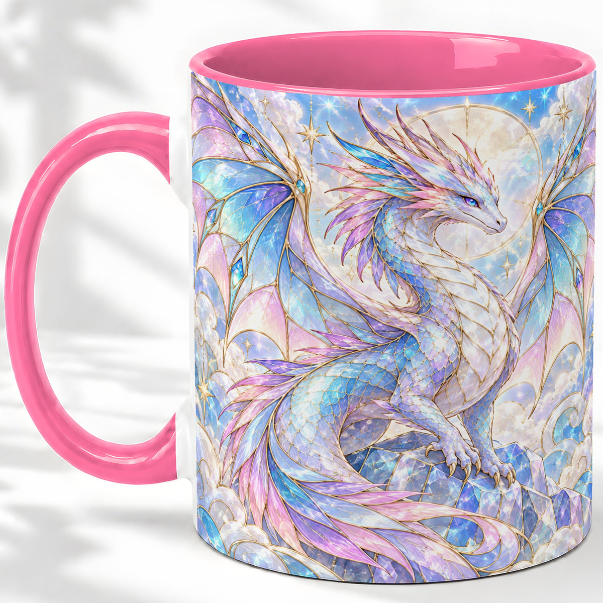 #pl[11oz|Pink] Pastel Crystal Dragon Accent Mug, Mug with Celestial Artwork