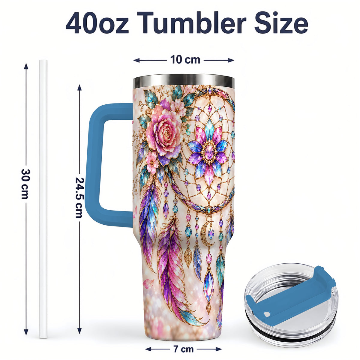 #pl[40oz|Blue] Boho Dreamcatcher Tumbler, 40oz Tumbler with Floral Feather Artwork