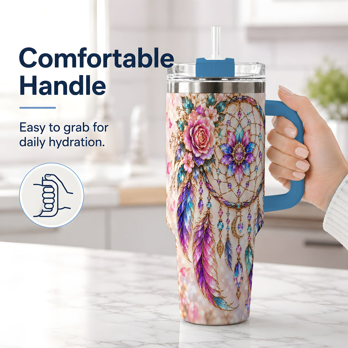 #pl[40oz|Blue] Boho Dreamcatcher Tumbler, 40oz Tumbler with Floral Feather Artwork