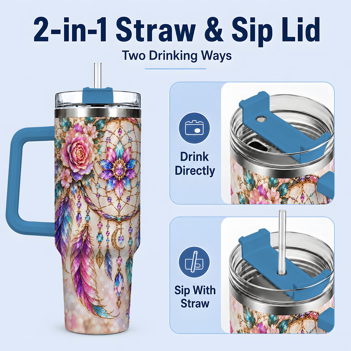 #pl[40oz|Blue] Boho Dreamcatcher Tumbler, 40oz Tumbler with Floral Feather Artwork