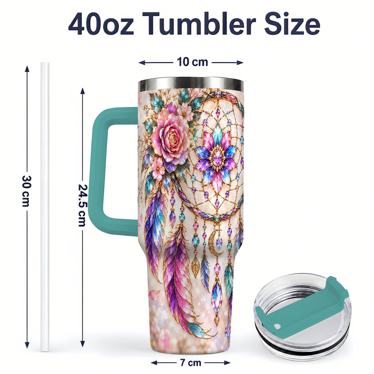 #pl[40oz|Green] Boho Dreamcatcher Tumbler, 40oz Tumbler with Floral Feather Artwork