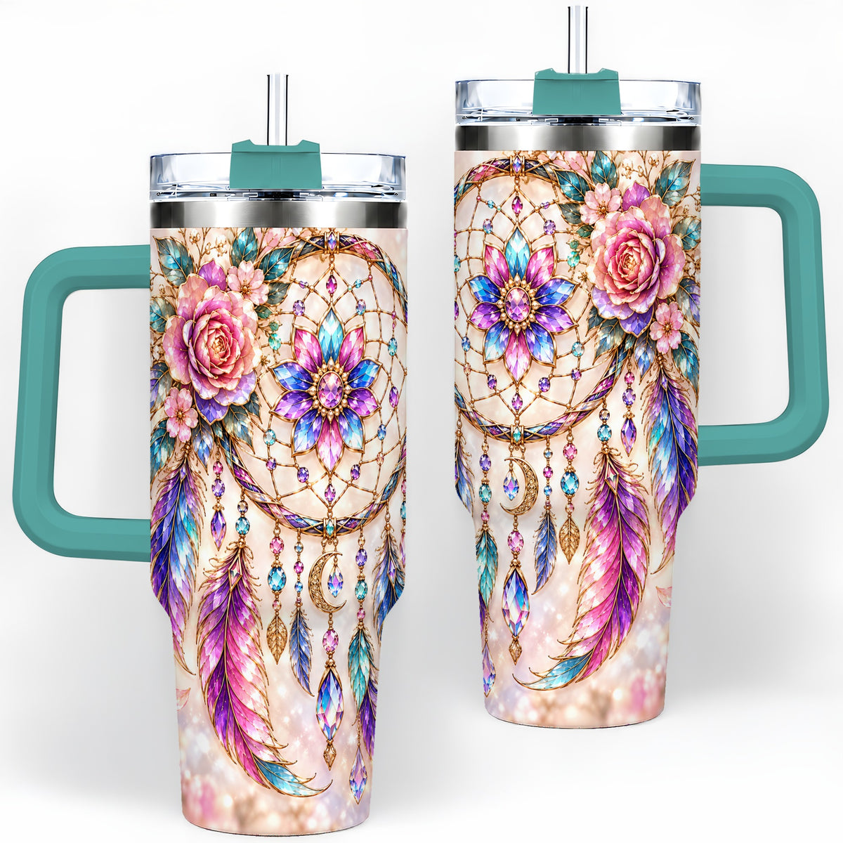 #pl[40oz|Green] Boho Dreamcatcher Tumbler, 40oz Tumbler with Floral Feather Artwork