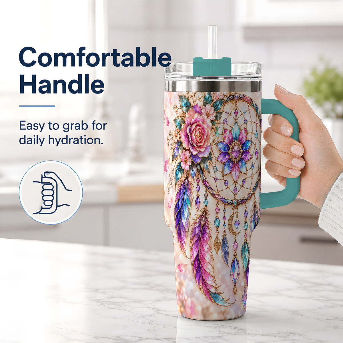 #pl[40oz|Green] Boho Dreamcatcher Tumbler, 40oz Tumbler with Floral Feather Artwork