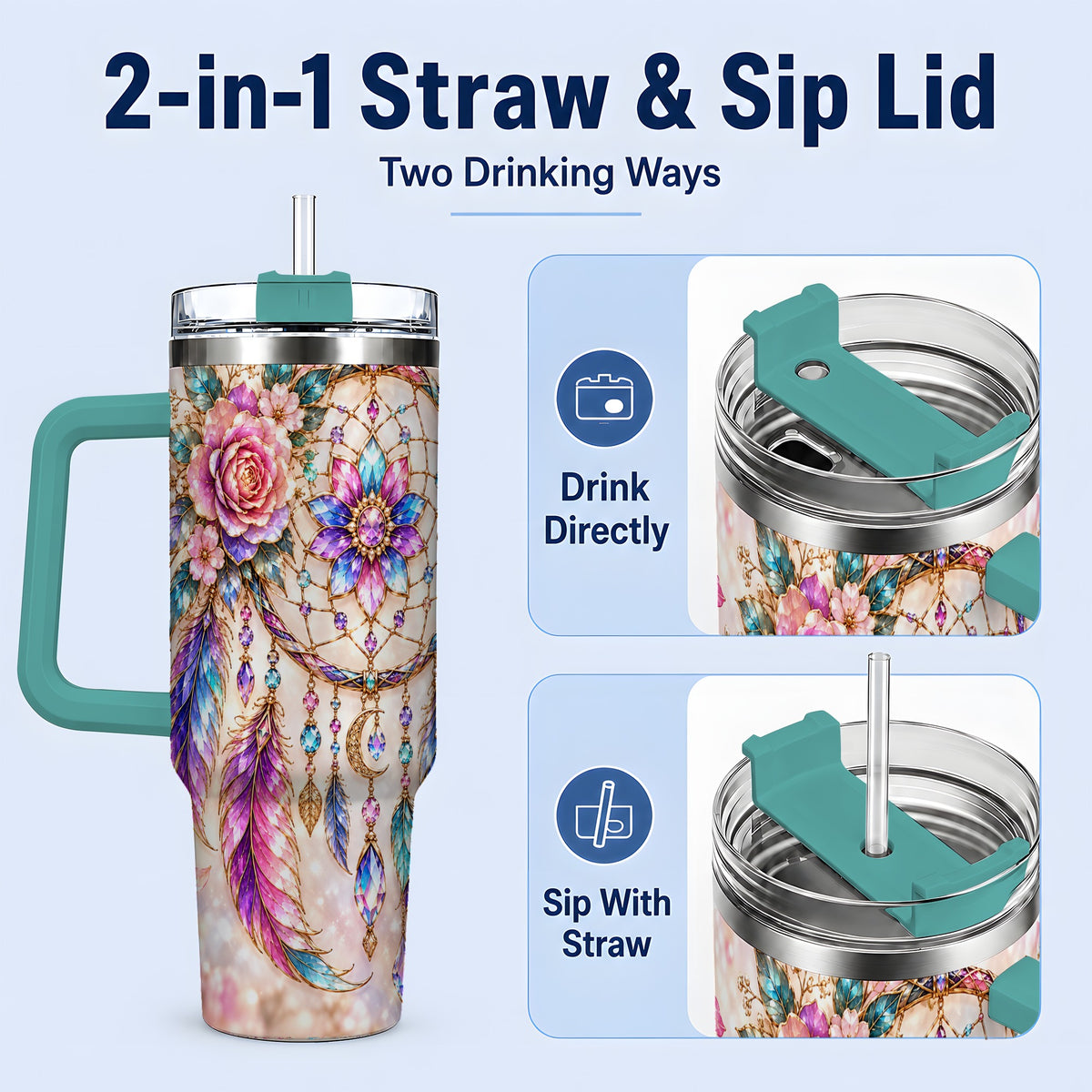 #pl[40oz|Green] Boho Dreamcatcher Tumbler, 40oz Tumbler with Floral Feather Artwork