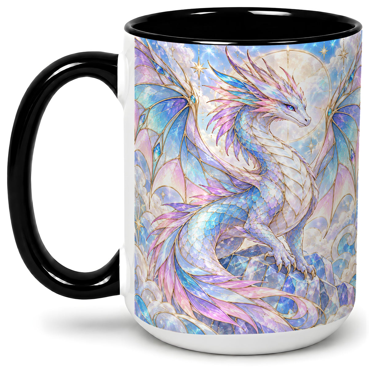 #pl[15oz|Black] Pastel Crystal Dragon Accent Mug, Mug with Celestial Artwork