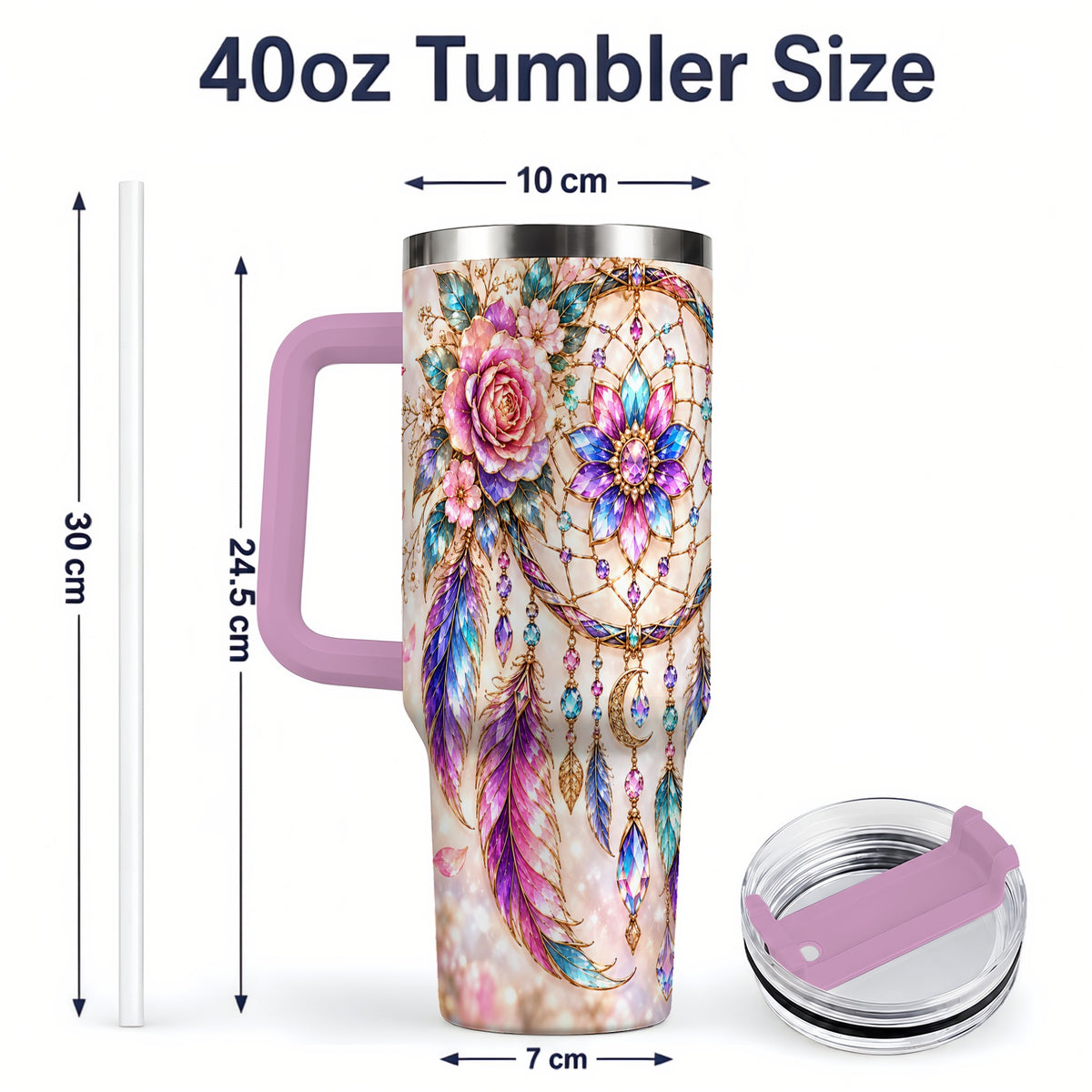 #pl[40oz|Pink] Boho Dreamcatcher Tumbler, 40oz Tumbler with Floral Feather Artwork