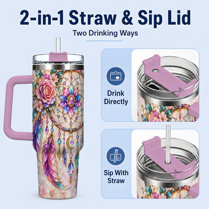 #pl[40oz|Pink] Boho Dreamcatcher Tumbler, 40oz Tumbler with Floral Feather Artwork