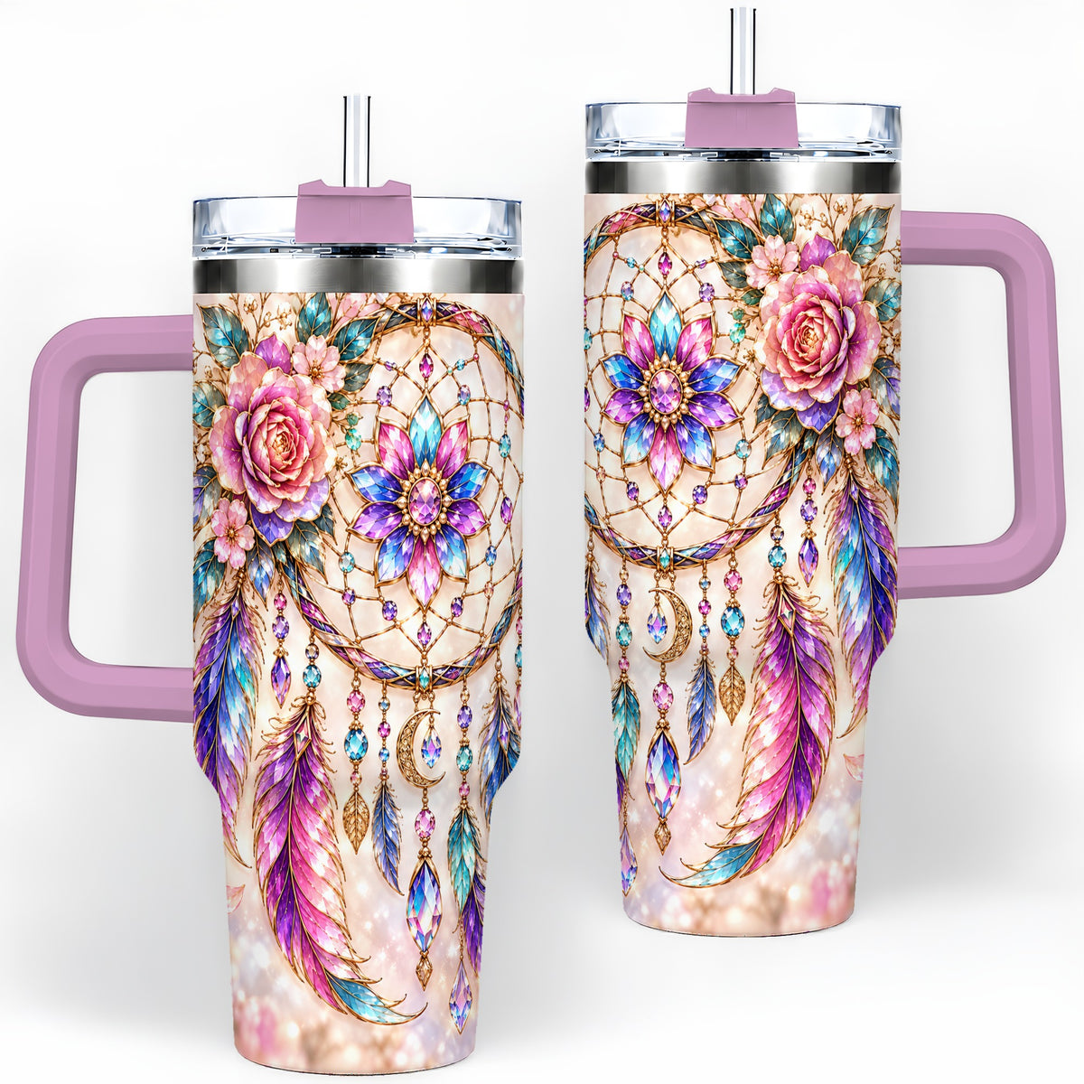 #pl[40oz|Pink] Boho Dreamcatcher Tumbler, 40oz Tumbler with Floral Feather Artwork