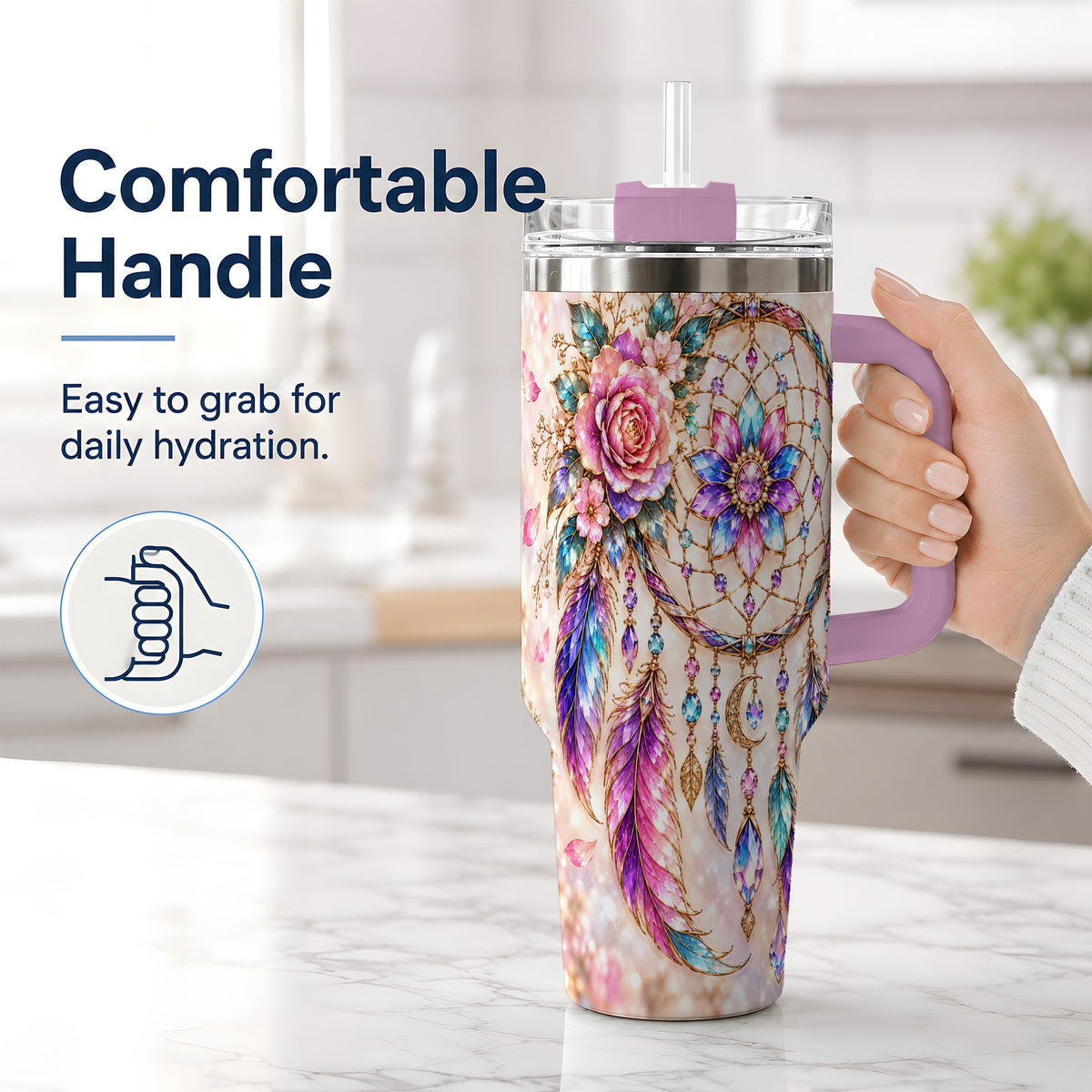 #pl[40oz|Pink] Boho Dreamcatcher Tumbler, 40oz Tumbler with Floral Feather Artwork