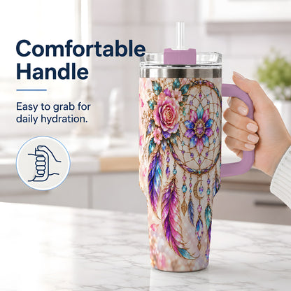 #pl[40oz|Pink] Boho Dreamcatcher Tumbler, 40oz Tumbler with Floral Feather Artwork