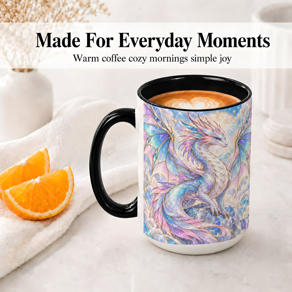 #pl[15oz|Black] Pastel Crystal Dragon Accent Mug, Mug with Celestial Artwork