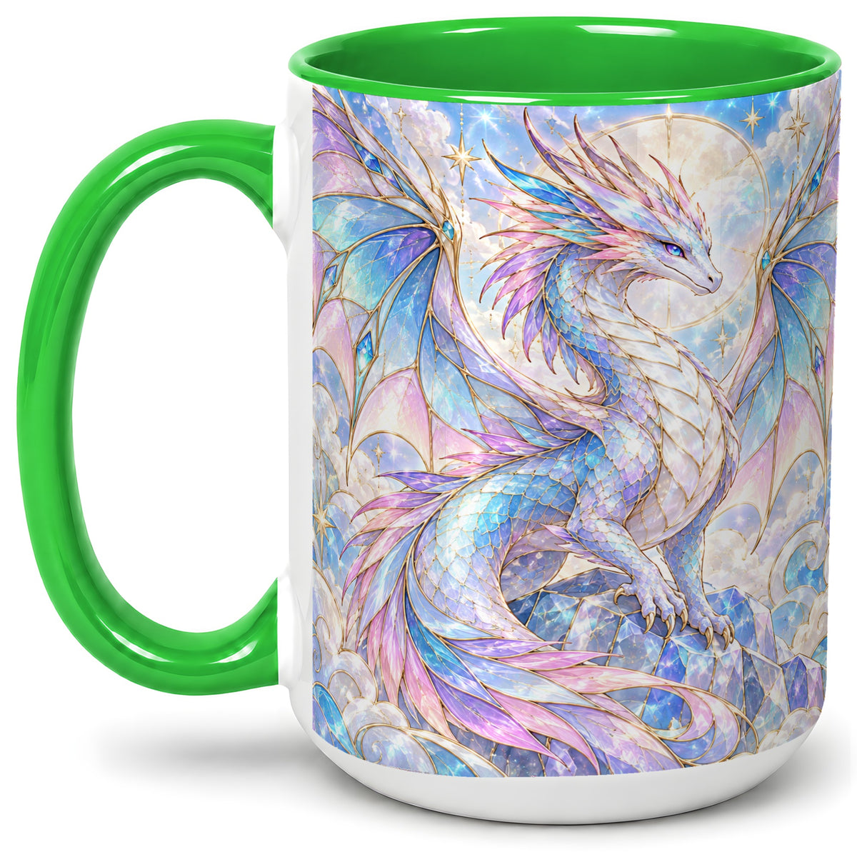 #pl[15oz|Green] Pastel Crystal Dragon Accent Mug, Mug with Celestial Artwork