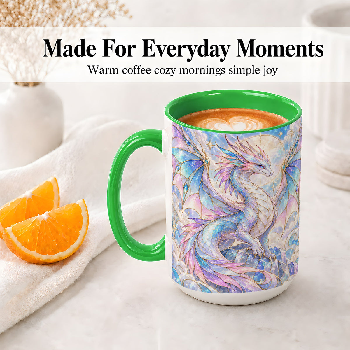 #pl[15oz|Green] Pastel Crystal Dragon Accent Mug, Mug with Celestial Artwork