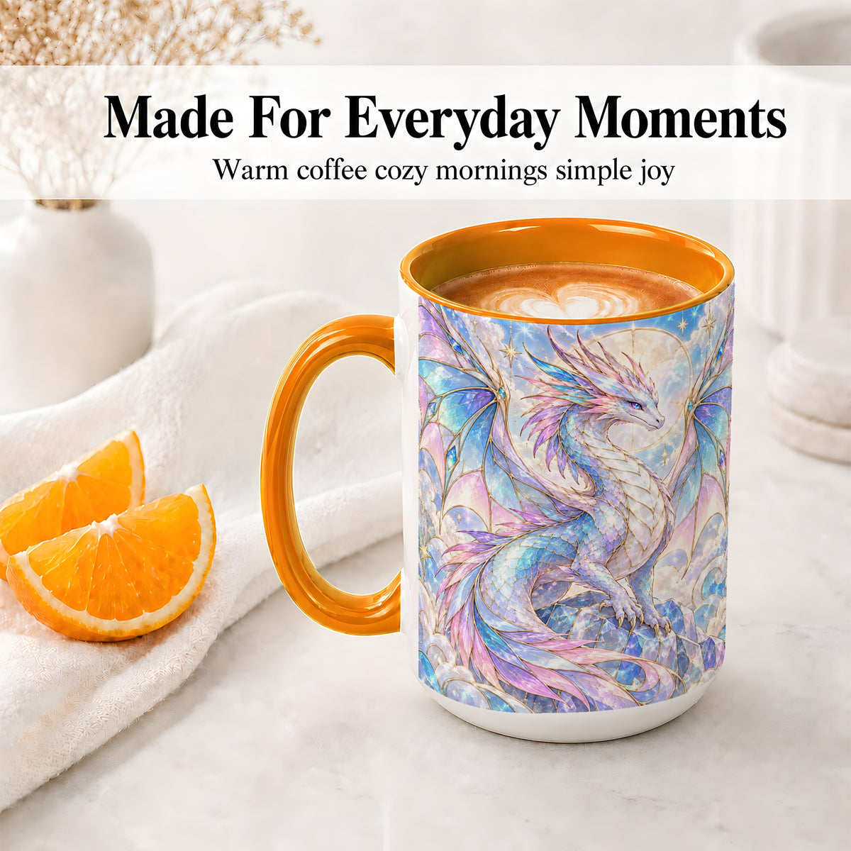 #pl[15oz|Orange] Pastel Crystal Dragon Accent Mug, Mug with Celestial Artwork