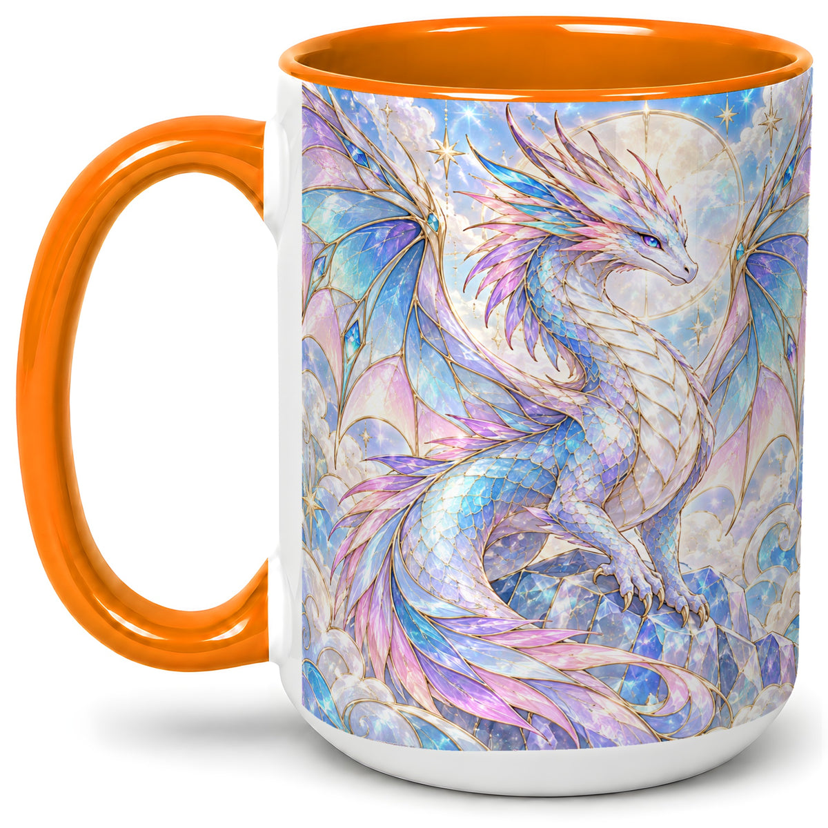 #pl[15oz|Orange] Pastel Crystal Dragon Accent Mug, Mug with Celestial Artwork