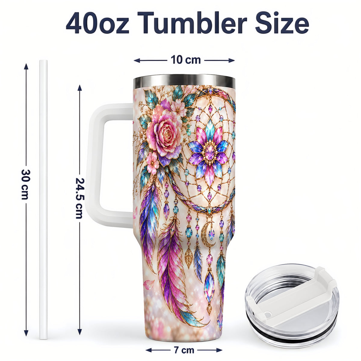 #pl[40oz|White] Boho Dreamcatcher Tumbler, 40oz Tumbler with Floral Feather Artwork