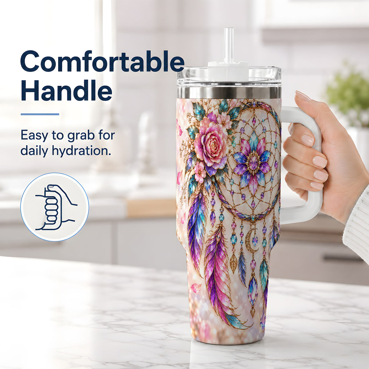 #pl[40oz|White] Boho Dreamcatcher Tumbler, 40oz Tumbler with Floral Feather Artwork