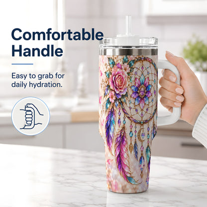 #pl[40oz|White] Boho Dreamcatcher Tumbler, 40oz Tumbler with Floral Feather Artwork