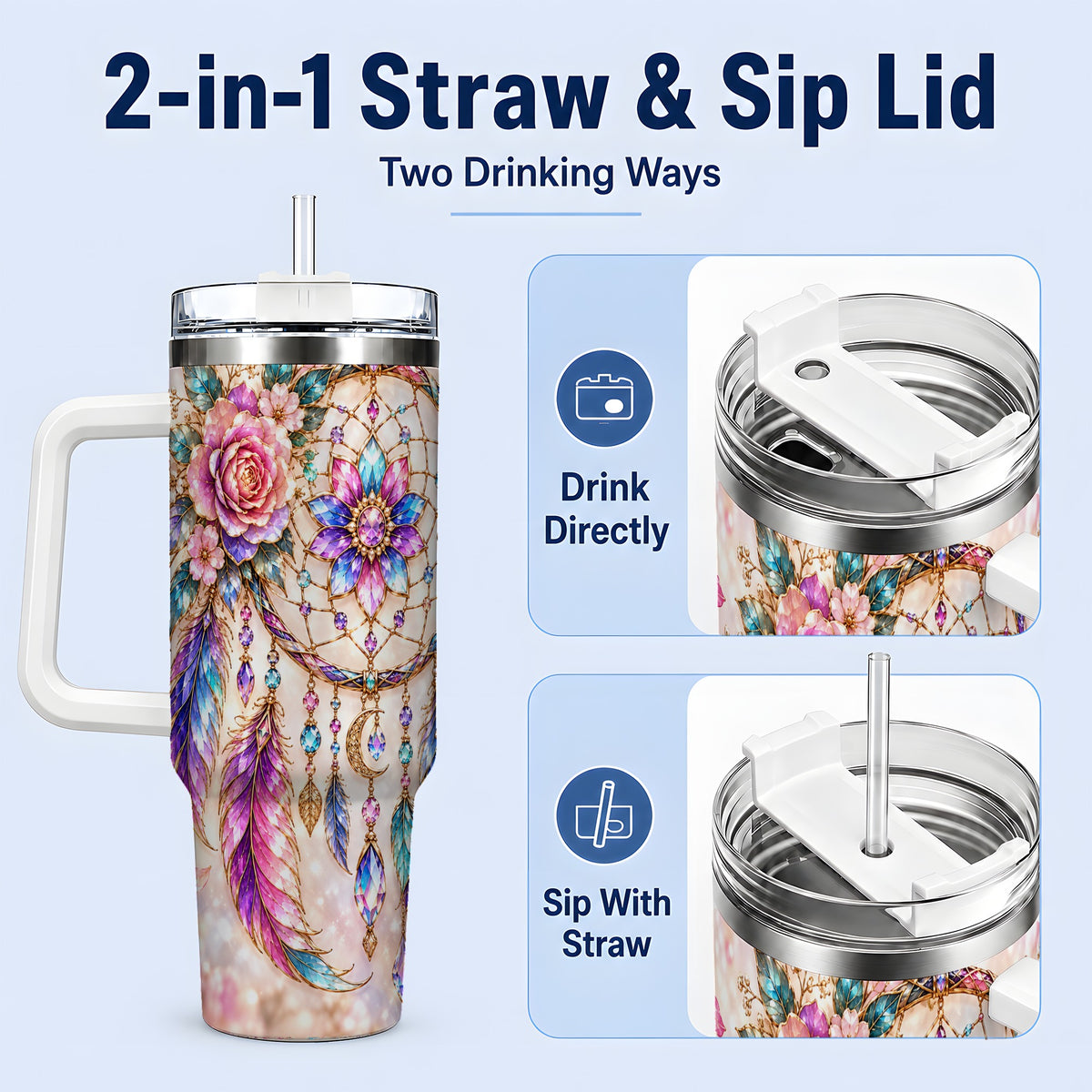 #pl[40oz|White] Boho Dreamcatcher Tumbler, 40oz Tumbler with Floral Feather Artwork