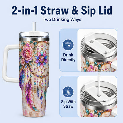 #pl[40oz|White] Boho Dreamcatcher Tumbler, 40oz Tumbler with Floral Feather Artwork