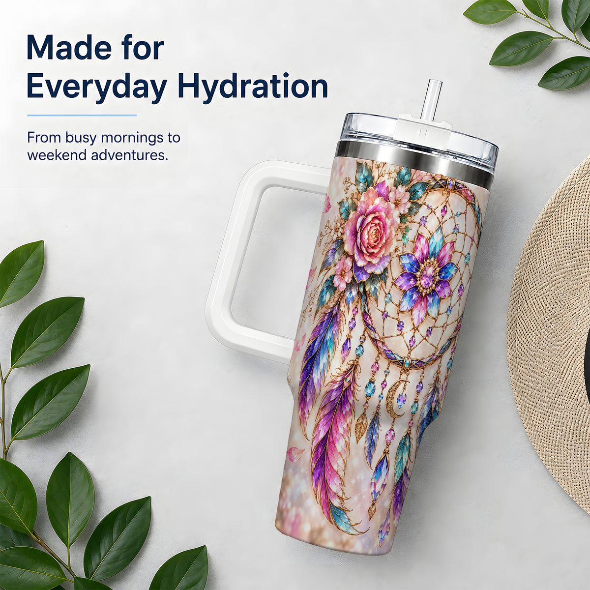 Boho Dreamcatcher Tumbler, 40oz Tumbler with Floral Feather Artwork