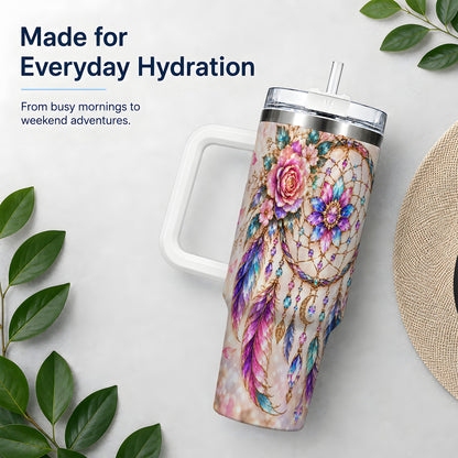Boho Dreamcatcher Tumbler, 40oz Tumbler with Floral Feather Artwork