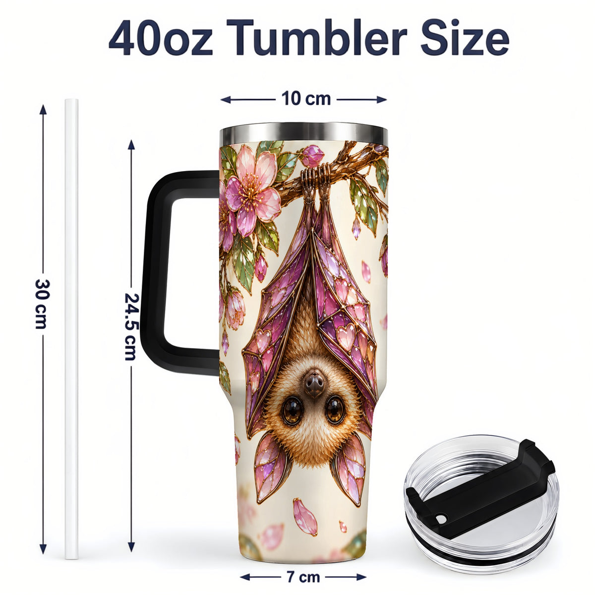#pl[40oz|Black] Pink Blossom Bat Tumbler, 40oz Tumbler with Floral Artwork