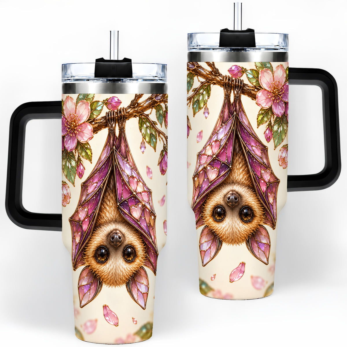 #pl[40oz|Black] Pink Blossom Bat Tumbler, 40oz Tumbler with Floral Artwork