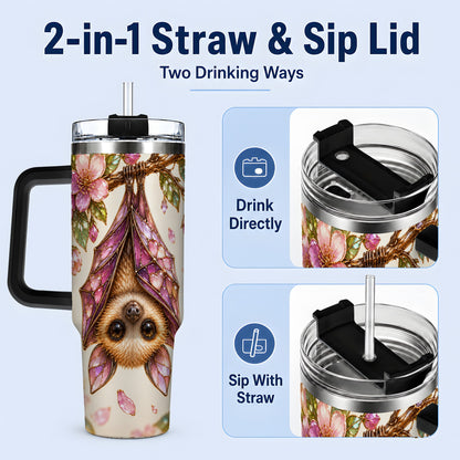 #pl[40oz|Black] Pink Blossom Bat Tumbler, 40oz Tumbler with Floral Artwork