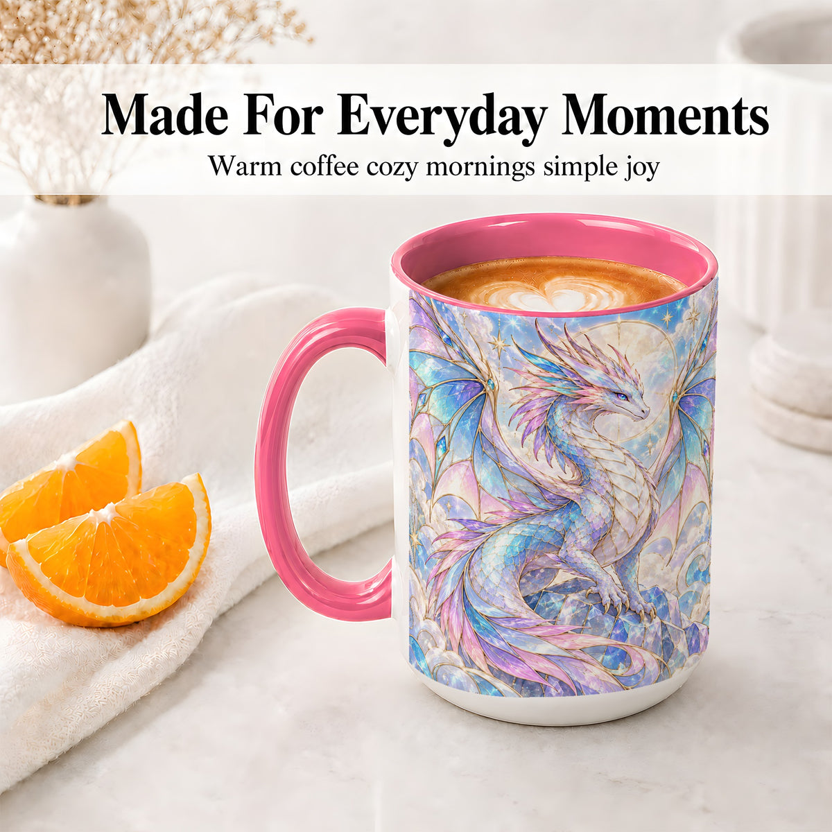 #pl[15oz|Pink] Pastel Crystal Dragon Accent Mug, Mug with Celestial Artwork