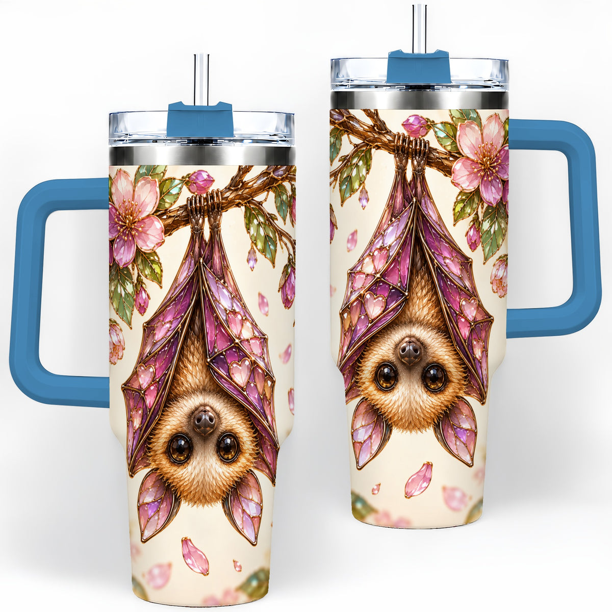 #pl[40oz|Blue] Pink Blossom Bat Tumbler, 40oz Tumbler with Floral Artwork