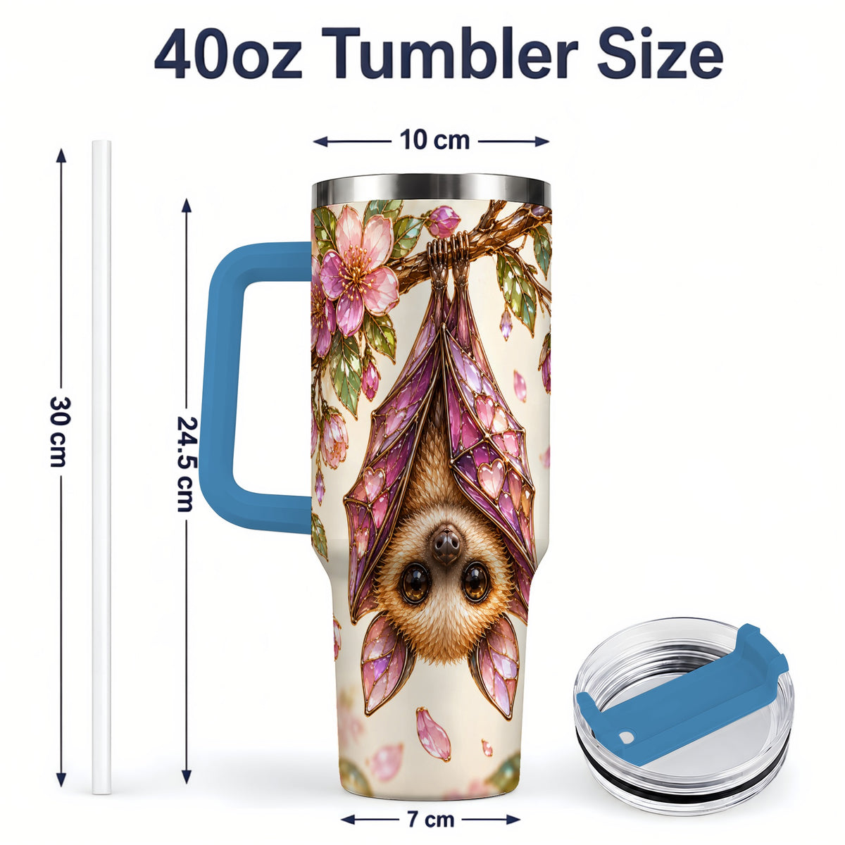 #pl[40oz|Blue] Pink Blossom Bat Tumbler, 40oz Tumbler with Floral Artwork