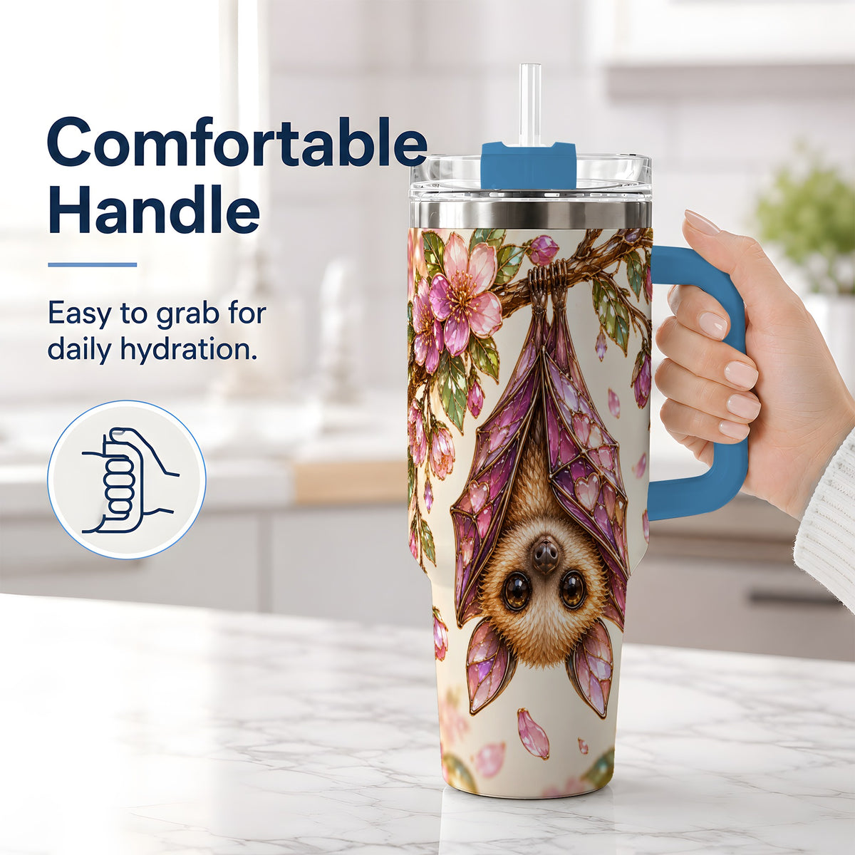 #pl[40oz|Blue] Pink Blossom Bat Tumbler, 40oz Tumbler with Floral Artwork