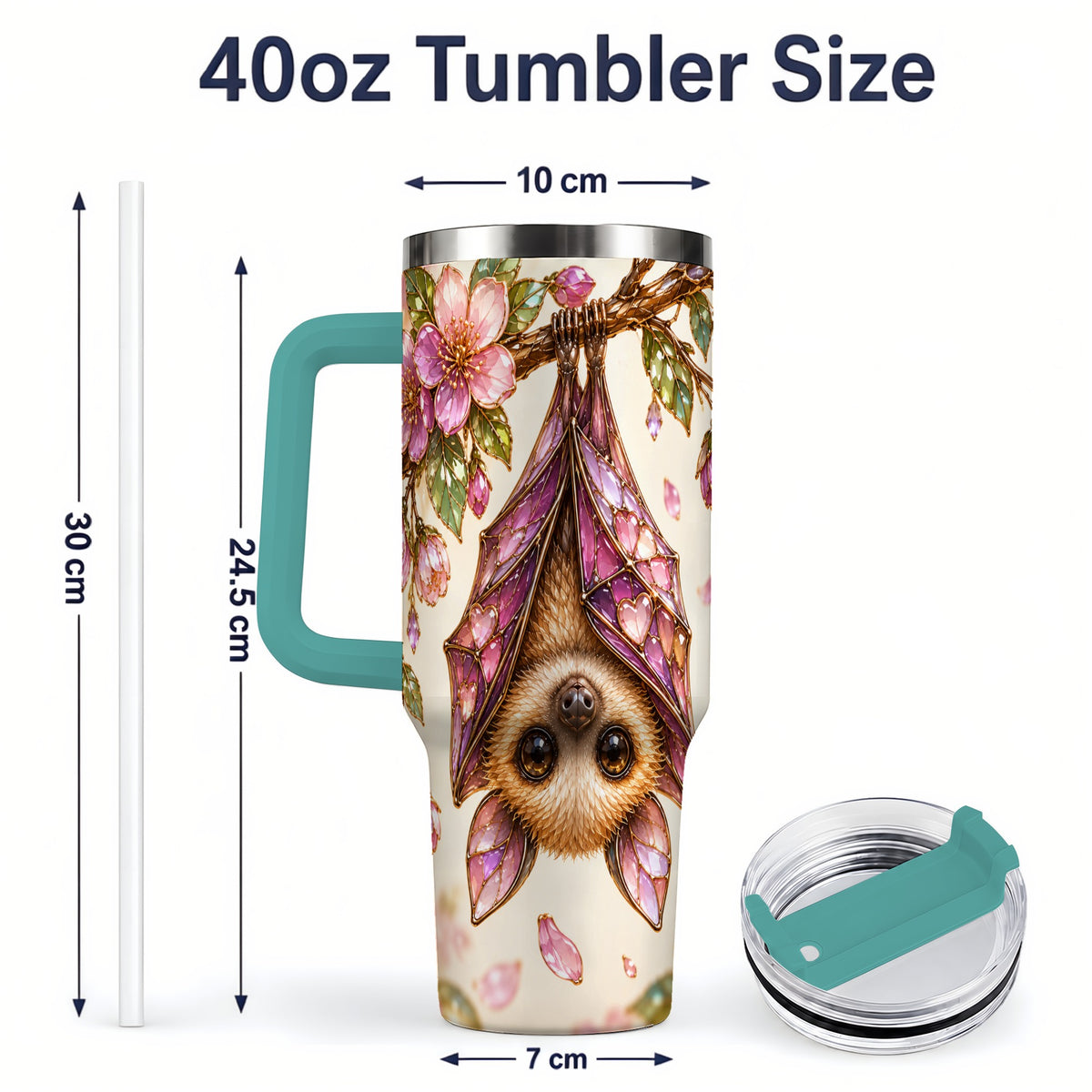#pl[40oz|Green] Pink Blossom Bat Tumbler, 40oz Tumbler with Floral Artwork