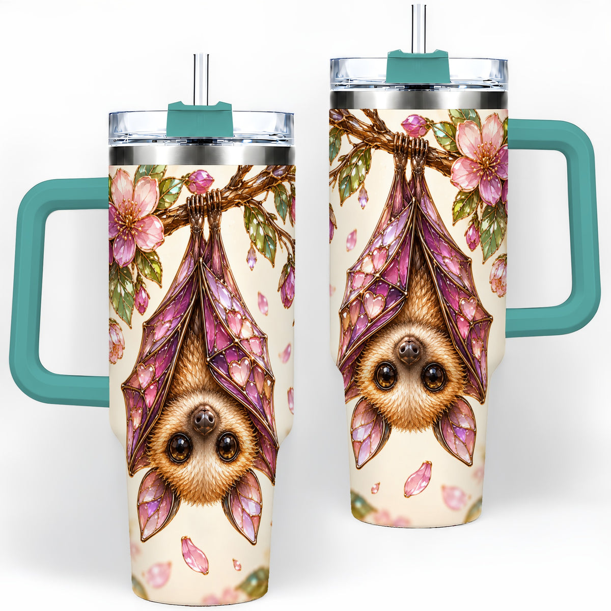 #pl[40oz|Green] Pink Blossom Bat Tumbler, 40oz Tumbler with Floral Artwork
