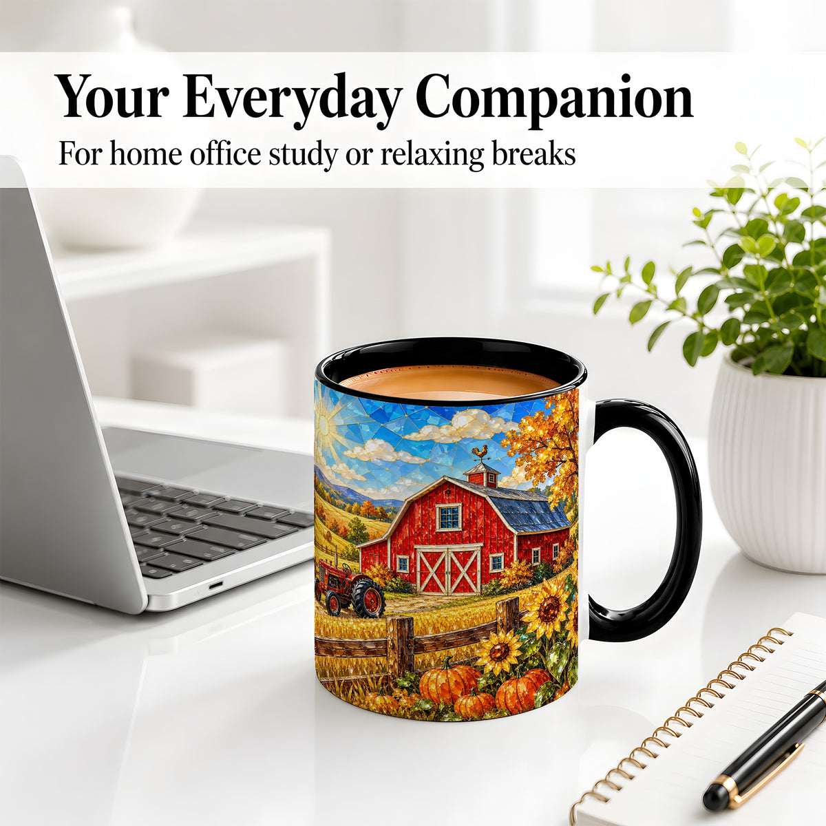 #pl[11oz|Black] Autumn Farm Barn Accent Mug, Mug with Tractor Harvest Artwork