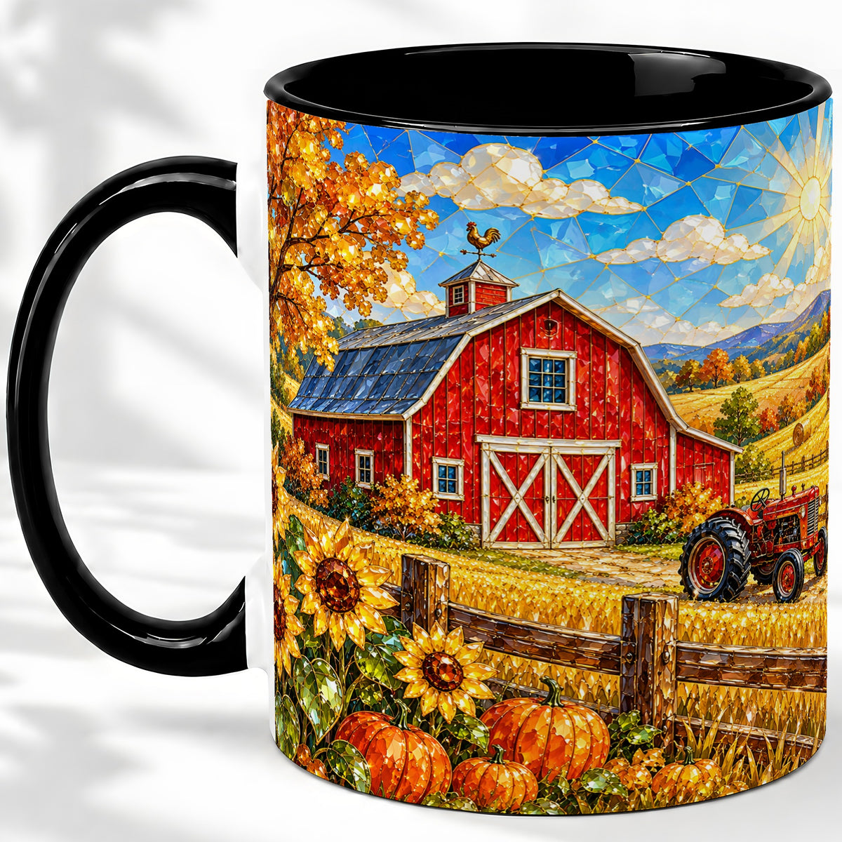 #pl[11oz|Black] Autumn Farm Barn Accent Mug, Mug with Tractor Harvest Artwork