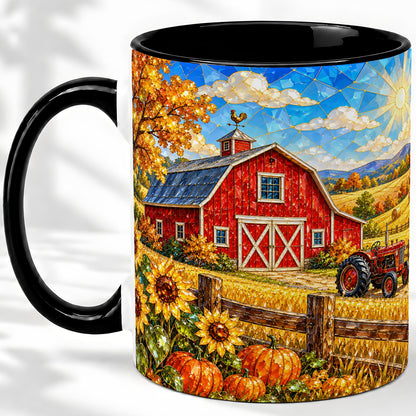 #pl[11oz|Black] Autumn Farm Barn Accent Mug, Mug with Tractor Harvest Artwork