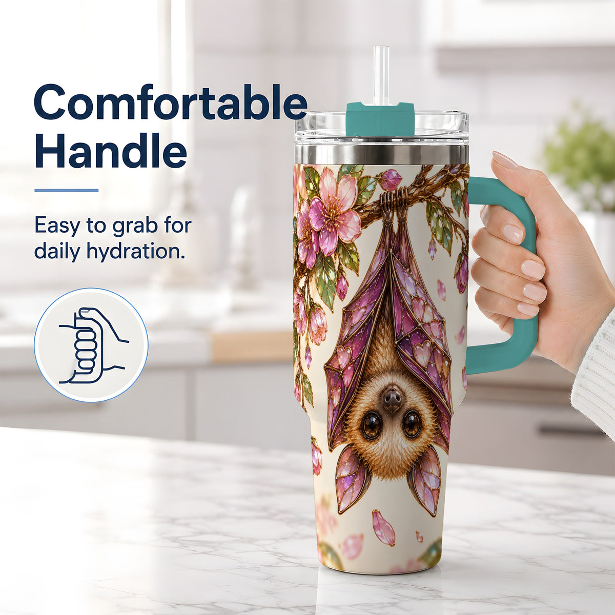 #pl[40oz|Green] Pink Blossom Bat Tumbler, 40oz Tumbler with Floral Artwork