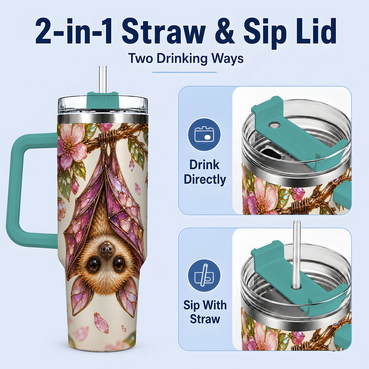 #pl[40oz|Green] Pink Blossom Bat Tumbler, 40oz Tumbler with Floral Artwork