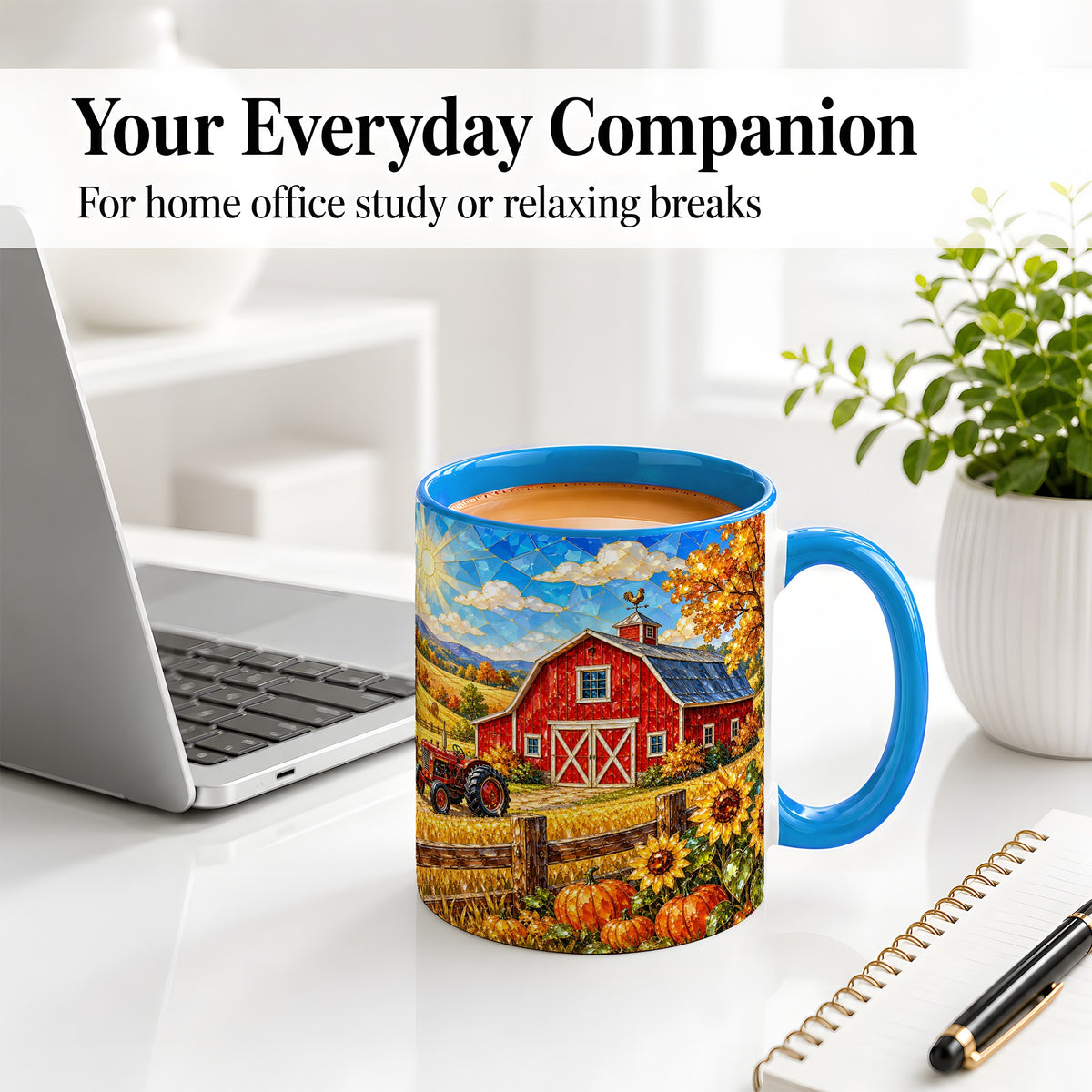 #pl[11oz|Blue] Autumn Farm Barn Accent Mug, Mug with Tractor Harvest Artwork