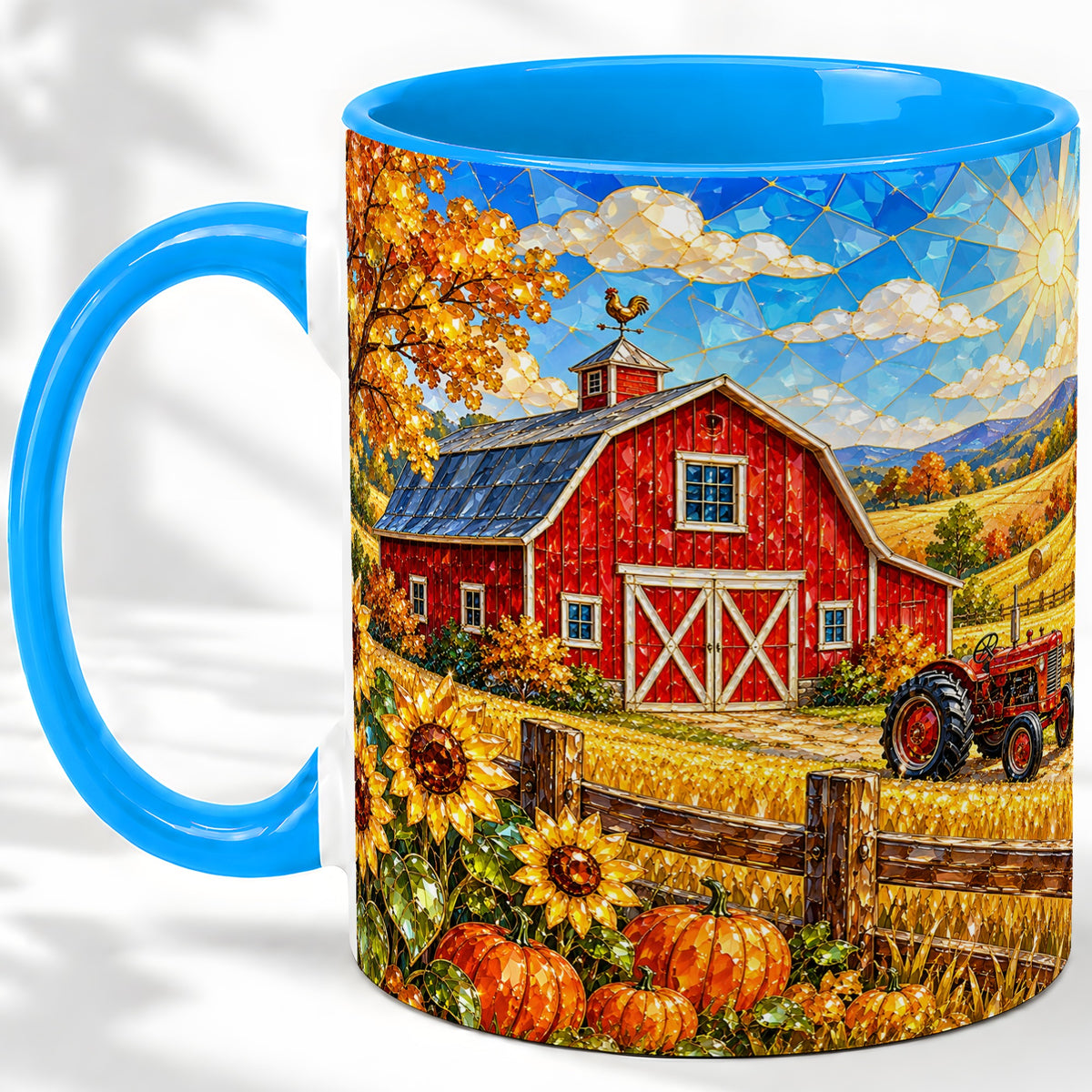 #pl[11oz|Blue] Autumn Farm Barn Accent Mug, Mug with Tractor Harvest Artwork