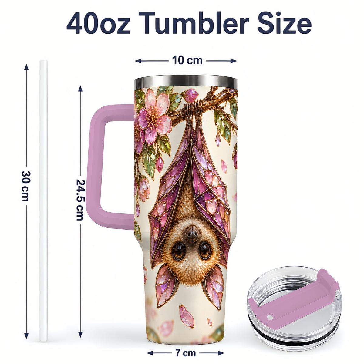 #pl[40oz|Pink] Pink Blossom Bat Tumbler, 40oz Tumbler with Floral Artwork